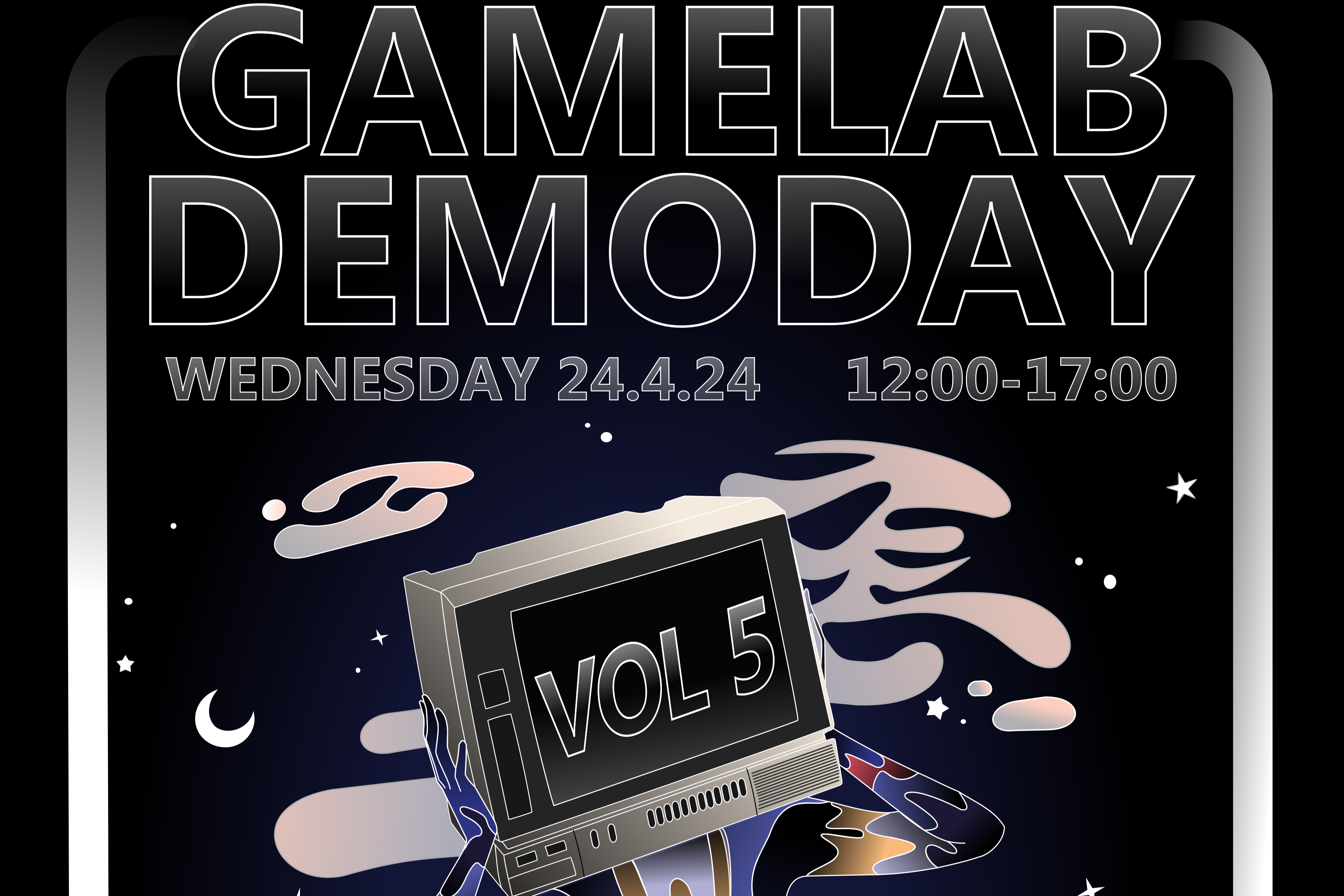 The Demoday vol 5 poster. Made by Elli Riipinen.